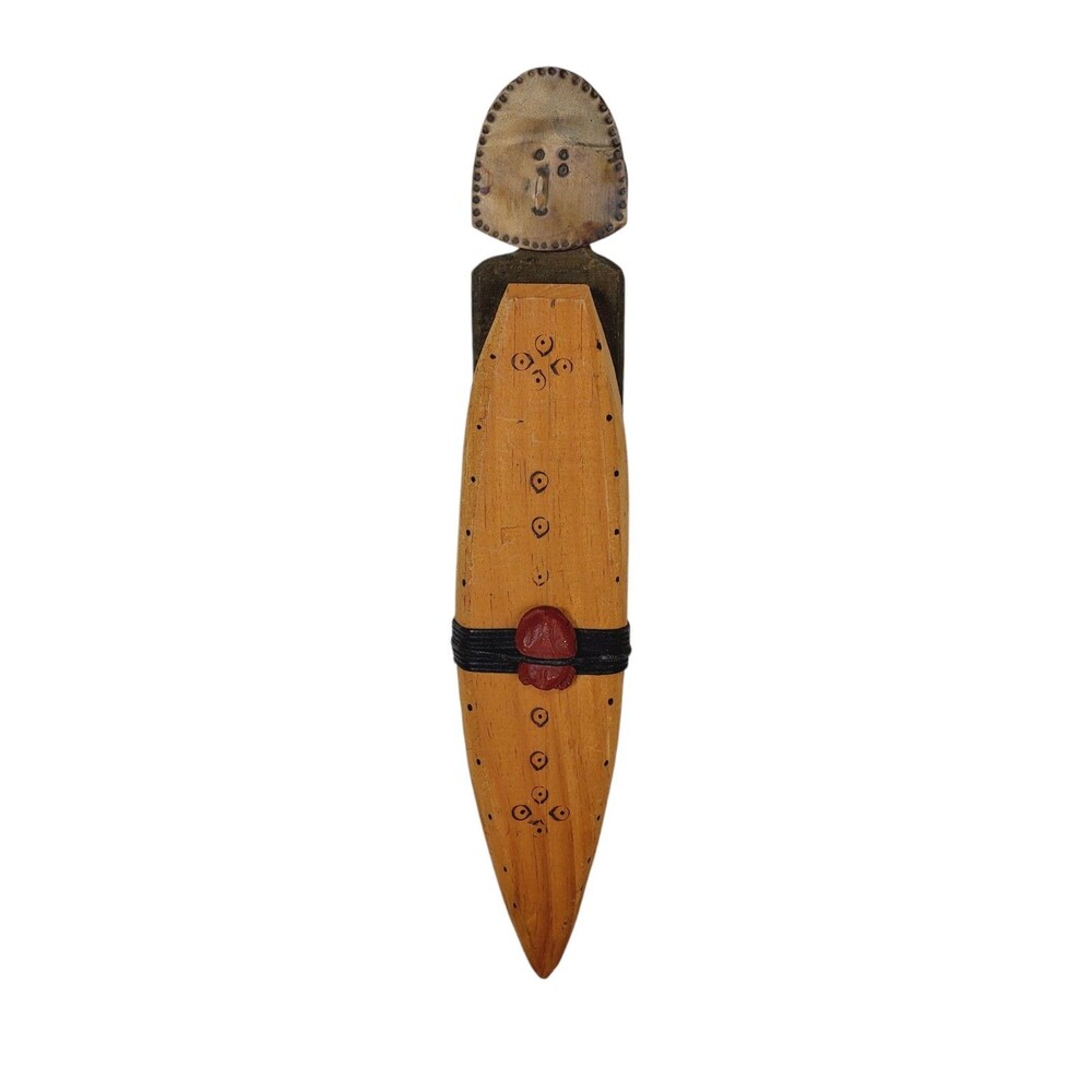 Vintage New Zealand Indigenous Wood Clay Metal Folk Art Wall Hanging 15"